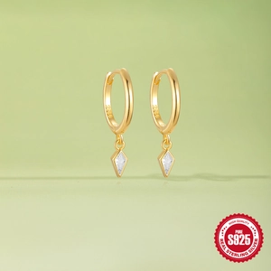 S925 sterling silver gold hoop earrings with clear kite-shaped cubic zirconia drops
