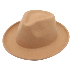 Classic camel wool fedora hat with rolled brim and indented crown for autumn style