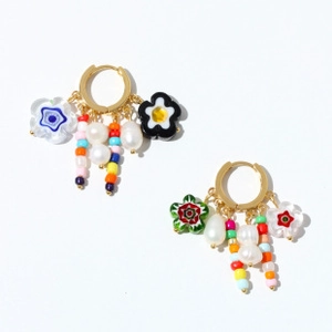 Bohemian colorful beaded earrings with baroque pearls and flower pendants in a vibrant design