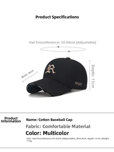 Detaillierte Maße und Seitenansicht der warmen Baumwoll-Baseballkappe mit R-Stickerei