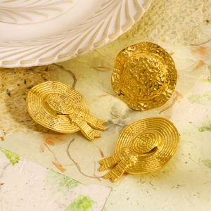 Gold-plated 18k stainless steel textured straw hat earrings set for women in minimalist style