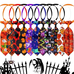 Variety of Halloween pet neckties with pumpkin and ghost patterns in a neat grid display