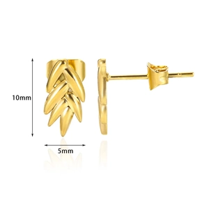 Detail of leaf pattern gold earrings showing 10mm height and butterfly clasp