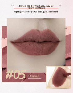 Close-up of matte red-brown #05 lip mud on lips and hand swatch with velvety finish