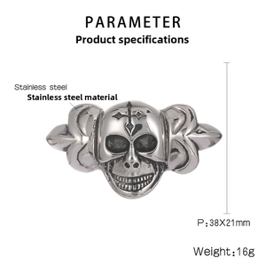 Macro view of 38x21mm stainless steel punk skull charm with cross detail and side tabs