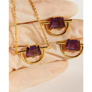 Gold-plated brass jewelry set with purple zircon semi-circle necklace and earrings