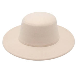 Minimalist beige wool felt boater hat with flat top and wide brim on white background