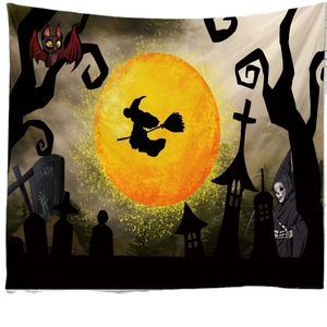Tenture Halloween avec lune, sorcière volante et décor de mort pour la décoration murale