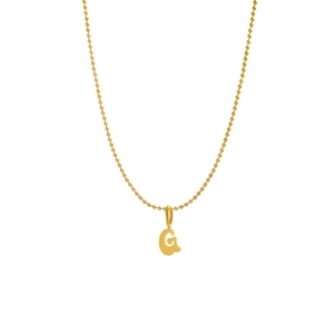 Detailed view of a gold-plated chunky letter G pendant on a delicate bead chain necklace