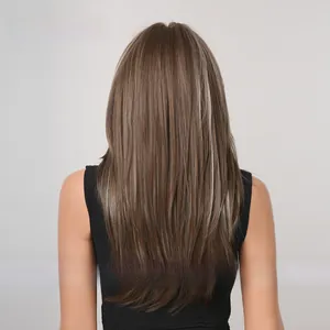 Rear view of long straight synthetic wig with brown and blonde highlights and layers