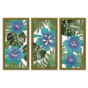 Three-piece modern wood wall art set with cutout tropical hibiscus and palm leaf designs