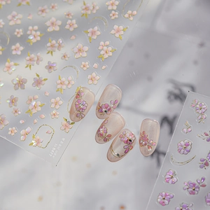 Pink shell glitter floral nail art stickers with iridescent mother of pearl effect