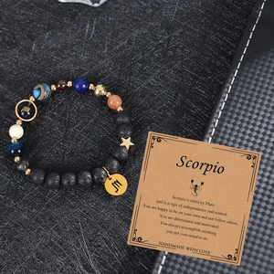 Solar system beaded bracelet with black lava stone and Scorpio zodiac sign charm