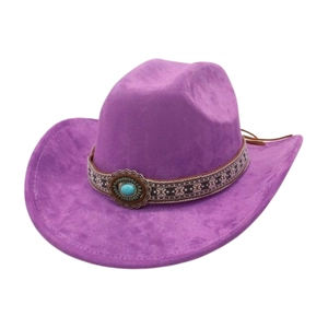 Detailed view of purple cowboy hat with ethnic style turquoise buckle and patterned band