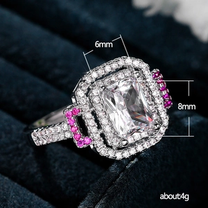 Square princess cut ring with halo setting and 6x8mm clear stone for engagement