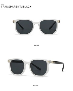 Front and 45-degree side views of square matte transparent sunglasses with black lenses