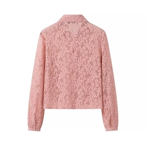 Back view of a pink floral lace long sleeve shirt with a polo collar and button-up detail