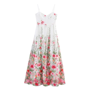 Robe Longue Femme Élégante Blanche Broderie Florale Mesh Col En V Bretelles Spaghetti Boutons Künstliche Perles Douce