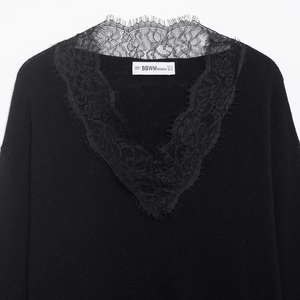 Women's black V-neck knit top with vintage floral lace trim and long sleeves