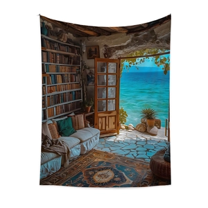 Detail of bohemian tapestry featuring a library interior and scenic ocean view through a door