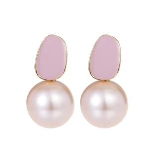 Pink and ivory pearl drop earrings with rabbit ear design and gold-tone geometric frames