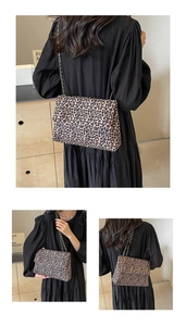 Three-way view of leopard print tote bag with chain strap on a model's shoulder