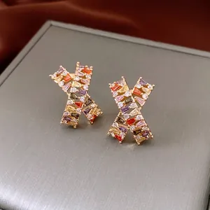 X Shape Cross Stud Earrings 18K Gold Plated Copper Colorful Baguette Zircon 925 Sterling Silver Earring Post For Women