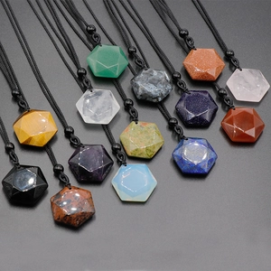 Assorted hexagonal crystal pendants with natural gemstones and black woven necklaces