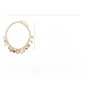 Detail showing gold chain necklace with heart, moon, and boot charms and dimensions