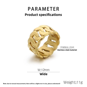 Detail showing 12mm width and 11g weight specs for golden Cuban chain ring in stainless steel