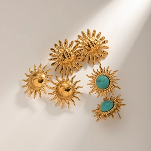 18k gold plated stainless steel sun earrings set with turquoise inlay and sunburst motifs