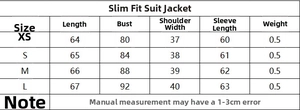 Detaillierte Größentabelle für den schmal geschnittenen Blazer mit Maßen für die Passform