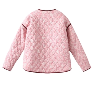 Detailed back view of pink paisley quilted jacket with diamond stitch and white borders