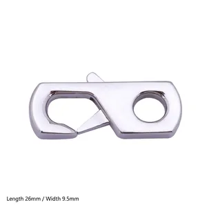 Detailed view of silver stainless steel lobster clasp with dimensions 26mm by 9.5mm