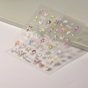 Macro view of 5D embossed nail art stickers with cute girl and tulip floral designs