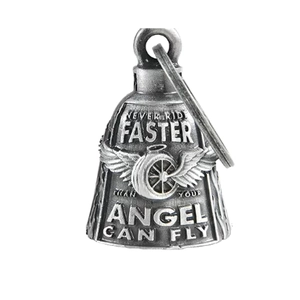 Retro Guardian Bell keychain for motorcycles with angel wing engraving in silver finish