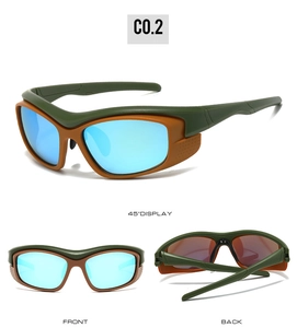 Detail view of olive green sports sunglasses showing front, back, and 45-degree angle shots