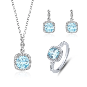 S925 silver jewelry set with blue cushion-cut gemstones including necklace earrings and ring