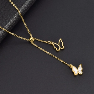 Butterfly Pendant Necklace Titanium Steel Dual Butterfly Black White Shell Tassel Adjustable Y-Chain Jewelry Women