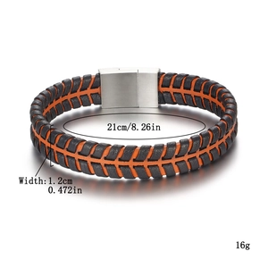 Detail showing dimensions of black and orange woven leather bracelet with magnetic clasp