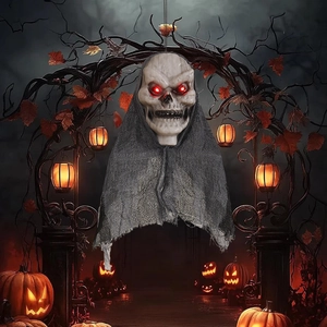 Hanging Halloween ghost decoration with glowing red eyes and grey fabric for outdoor yard
