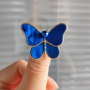 Detailed view of butterfly brooch with blue marble texture and golden metal edging