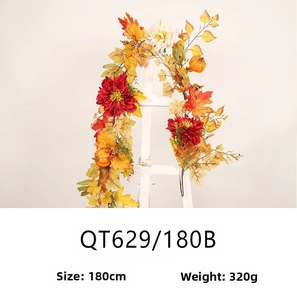 Detail of 180cm autumn garland featuring dahlias, pumpkins, maple leaves and berries