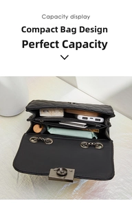 Capacity display of quilted crossbody bag showing internal compartments and essentials
