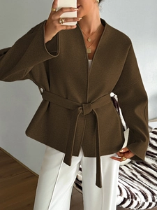 Women's dark brown tie-waist blazer jacket with belted design and wide sleeves