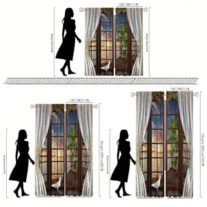 Digital sunset landscape printed curtains in three sizes with human scale reference