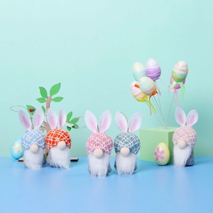 Set of five Easter gnomes with rabbit ears and colorful knitted hats for home decor