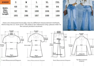 Tableau des tailles détaillé avec guide de mesure pour jeans évasés et hauts
