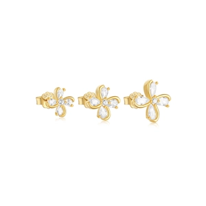 Detailed view of three sizes of S925 sterling silver gold flower stud earrings set