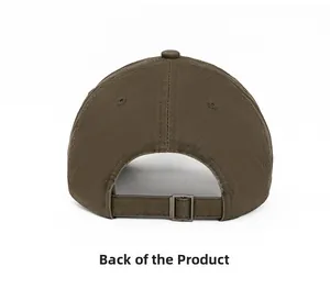 Close-up of olive cotton baseball cap back with adjustable metal buckle and stitching